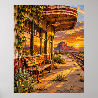 Woestijn Trein Depot - Gouden Americana Poster