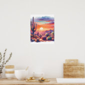 Woestijn Zonsondergang Gloed Waterverf Zuidwesten  Poster (Keuken)