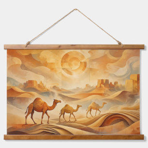 Woestijn Zonsopgang Kamelen Veranderende Zandduine Hangend Wandkleed