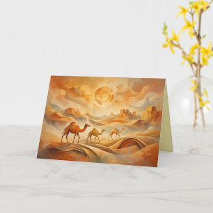 Woestijn Zonsopgang Kamelen Verschuivende Zandduin Kaart
