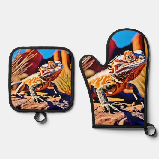 woestijnbaardagaam ovenwant & pannenlap set (Voorkant)