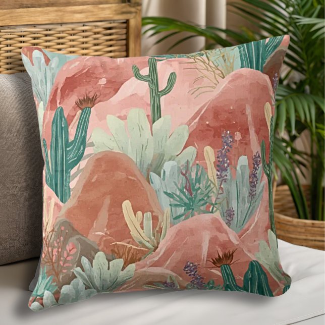 Woestijnbloei Canyon Waterverf Landschap Kussen (Blush canyon pillow with watercolor cacti, soft sage greens, and dreamy desert sunset tones.)