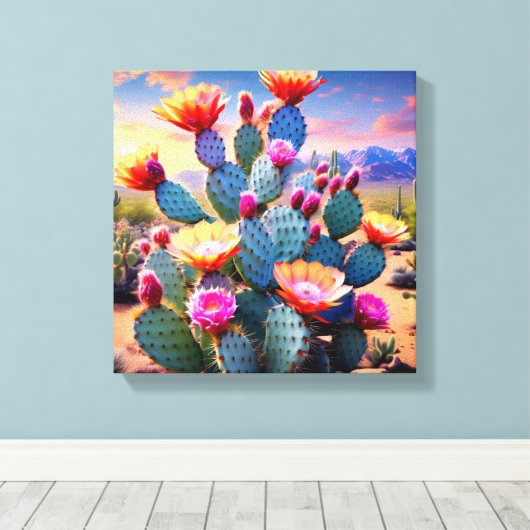 Woestijnbloei: Levendige cactus bloem Canvas Afdruk (Insitu (Houten vloer))