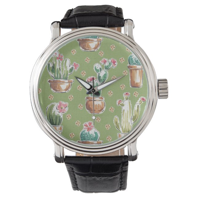 Woestijnbloem Stap | Groen patroon Horloge (Voorkant)
