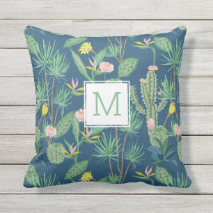 woestijncactus, bloemen, palmbomen monogram aangep buitenkussen