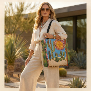 Woestijncactus-tas met kleurrijke zon en geometris tote bag
