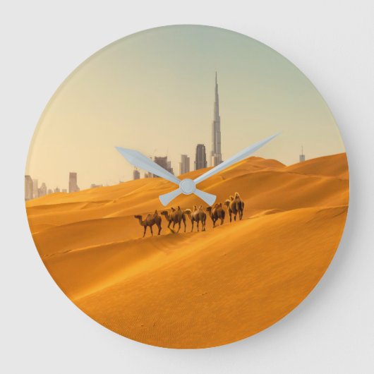woestijnen | Uitzicht van Dubai Skyline met Camels Grote Klok (Voorkant)