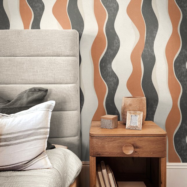 Woestijngolven retro behang ( The vintage color palette and organic curves evoke a mid-century modern aesthetic.)