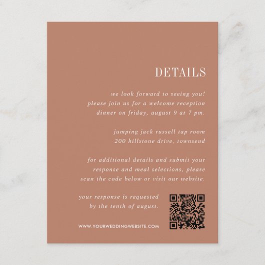 woestijnklei | Alles-in-één bruiloft Details Informatiekaartje (Voorkant)