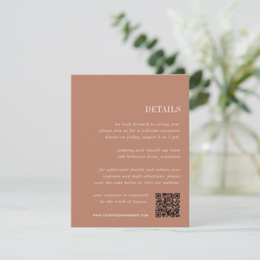 woestijnklei | Alles-in-één bruiloft Details Informatiekaartje (Staand voorkant)