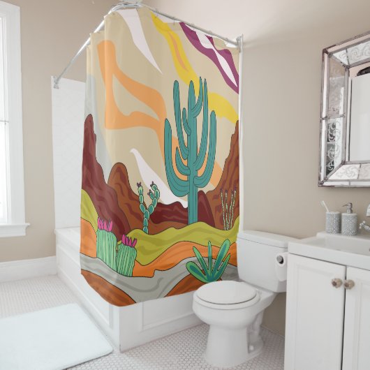 woestijnklimaat, retrostijl, abstracte cactus douchegordijn (In situ)