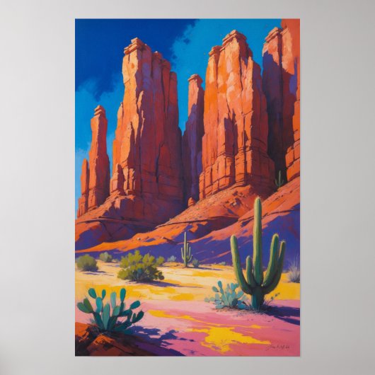 Woestijnkloof met rode rotsformaties en cactus poster (Voorkant)