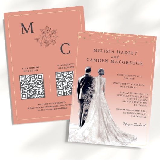 Woestijnkoraal Elegante Moderne QR Code Wedding Kaart
