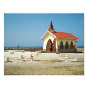 Woestijnkunst, tropisch strand kerk architectuur k foto afdruk