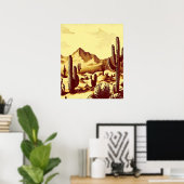 Woestijnlandschap, cactus, zonsopgang, vintage poster (Thuiskantoor)