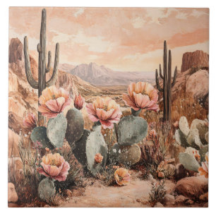 Woestijnlandschap met Bloeiende Cactussen Tegeltje