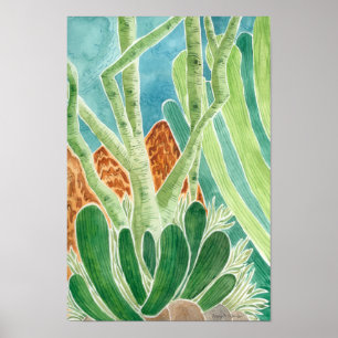 Woestijnlandschap met cactus-Waterverf afdrukken Poster