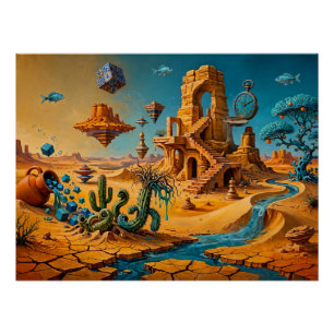 Woestijnluchtspiegeling Oker Oranje Teal Blauw Perfect Poster