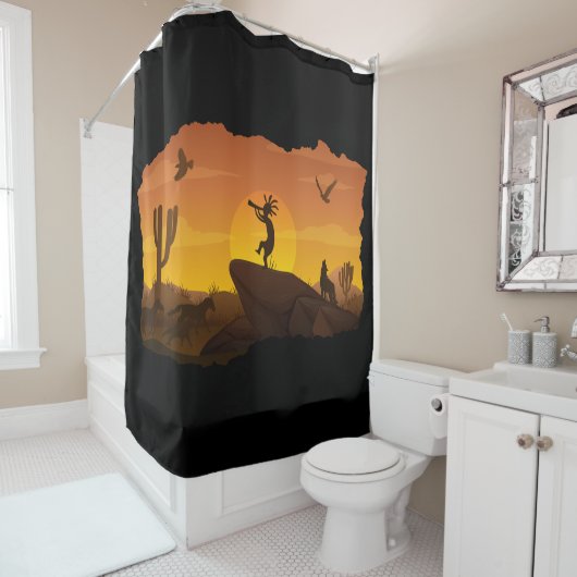 Woestijnpaarden, wolven en vogels Kokopelli Douchegordijn (In situ)