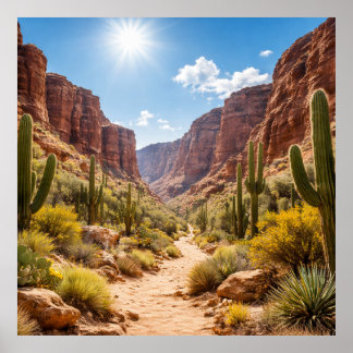 Woestijnpad tussen rotsachtige canyons poster