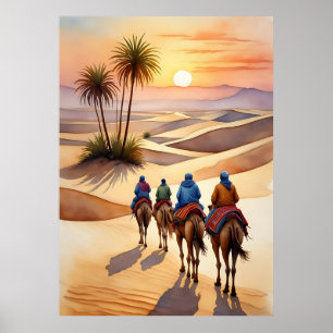 Woestijnreis bij zonsondergang - Nomadische kamele Poster