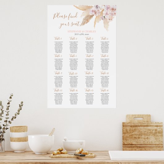 Woestijnroze boho chic Wedding Seding Chart Poster (Keuken)