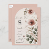 Woestijnroze Roze & Groene Bloemige Save The Date Aankondigingskaart (Voorkant / Achterkant)