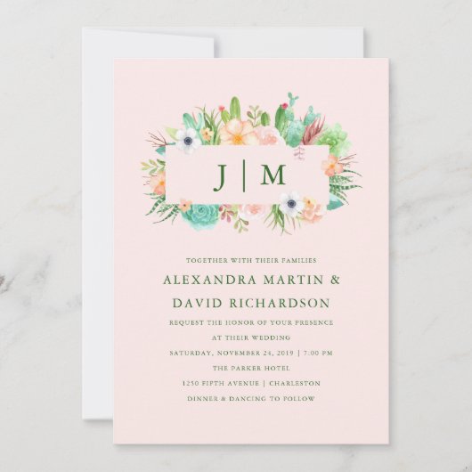 Woestijnroze succulent bruiloft uitnodiging (Voorkant)