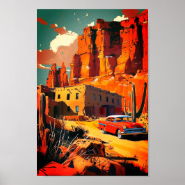 Woestijnscèneposter met vintage auto poster