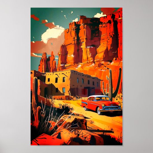 Woestijnscèneposter met vintage auto poster (Voorkant)