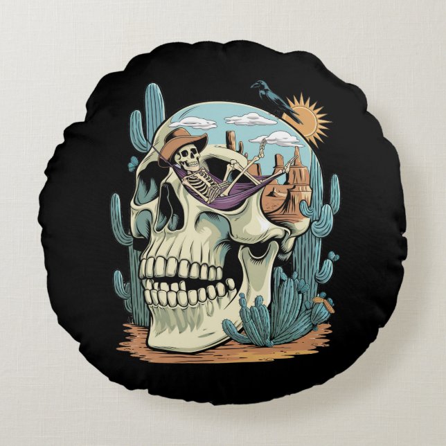 Woestijnschedel – Skeleton Siesta Rond Kussen (Voorkant)