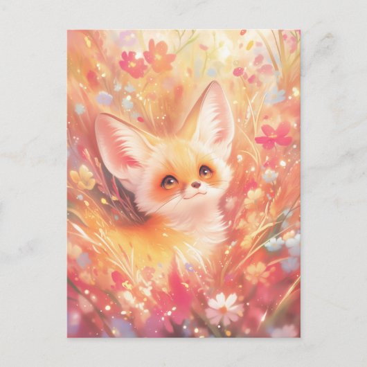 Woestijnvos kijkend door roze wilde bloemenweide briefkaart (Voorkant)