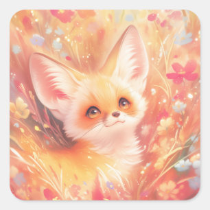 Woestijnvos omringd door zonsondergang bloemen vierkante sticker