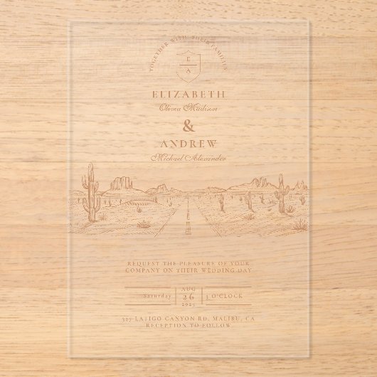 Woestijnweg Westerne bruiloft Acryl Uitnodigingen (Voorkant)