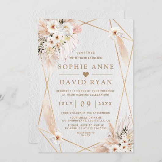 Woestijnwitte rozen Pampas Grass Gold Wedding Kaart (Voorkant / Achterkant)