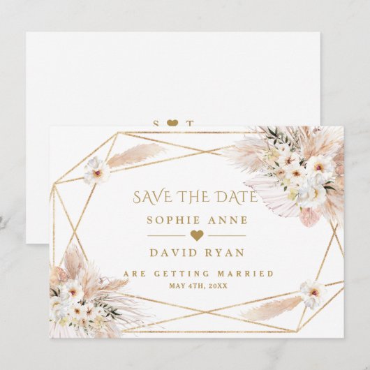 Woestijnwitte rozen Pampas Grass Gold Wedding Save The Date (Voorkant / Achterkant)