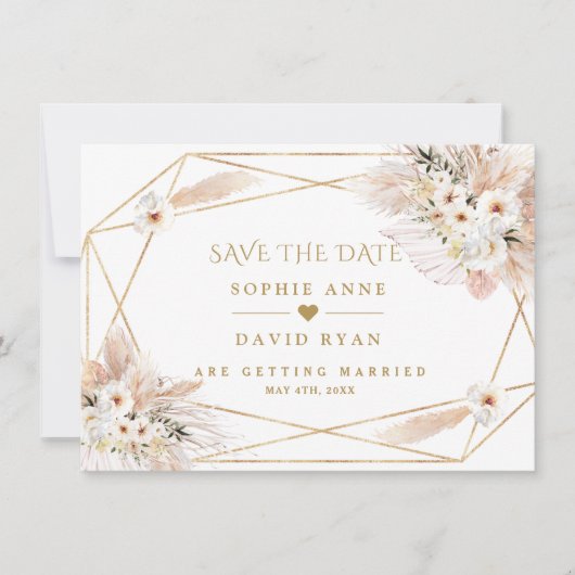 Woestijnwitte rozen Pampas Grass Gold Wedding Save The Date (Voorkant)