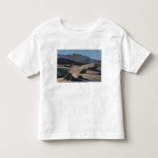 woestijnzandduinen en sneeuwklapte bergen kinder shirts (Voorkant)