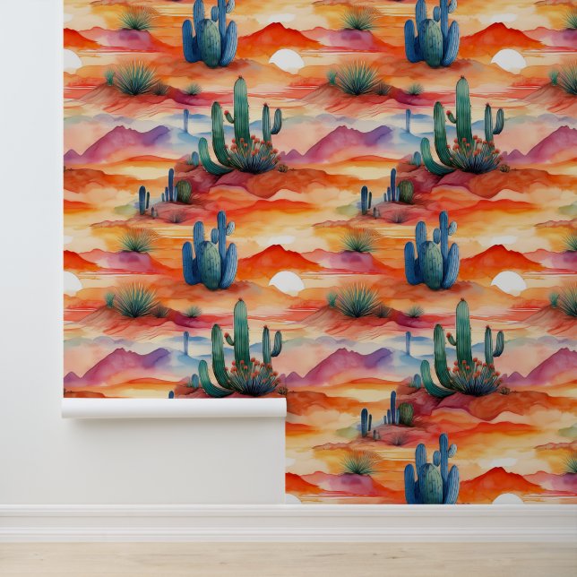 Woestijnzonsondergang Cactus Mountains Behang (Applicatie)