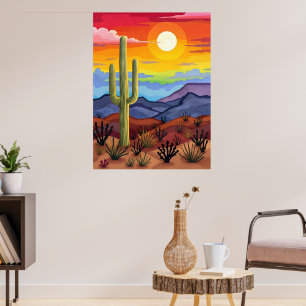Woestijnzonsondergang met Cactus-landschap Poster
