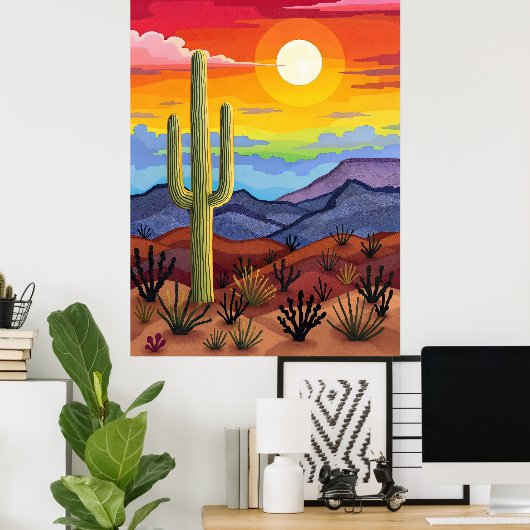 Woestijnzonsondergang met Cactus-landschap Poster (Thuiskantoor)