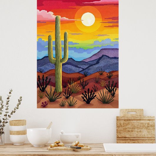 Woestijnzonsondergang met Cactus-landschap Poster (Keuken)