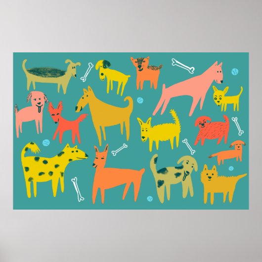 Wof. Colorful Funny Dogs Illustration Poster (Voorkant)
