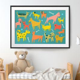 Wof. Colorful Funny Dogs Illustration Poster