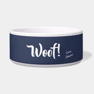 Wof Cute Text Navy Blue & White Personal Pet Voerbakje