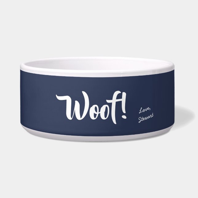 Wof Cute Text Navy Blue & White Personal Pet Voerbakje (Voorkant)
