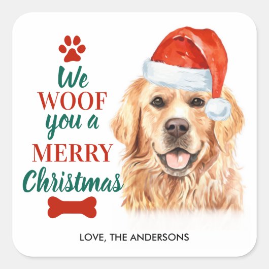 Wof You Merry Kerstcute Dog Golden Retriever Vierkante Sticker (Voorkant)