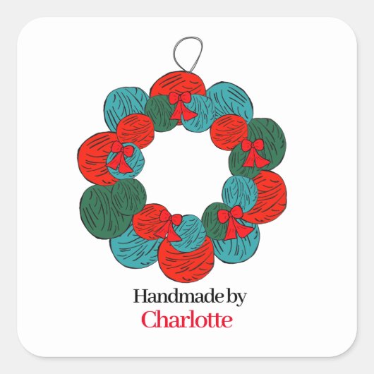 Wol ballen pompon kerstkrans handgemaakt vierkante sticker (Voorkant)
