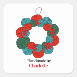Wol ballen pompon kerstkrans handgemaakt vierkante sticker