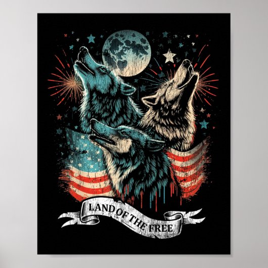 Wolf 4 juli Amerikaanse vlag huilend Amerika Moo Poster (Voorkant)